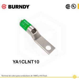 Terminal ojal Burndy YA1CLNT10, cobre electro‑tin, 1 AWG, orificio #10, barril estándar estrecho