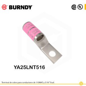 Terminal ojal Burndy YA25LNT516, cobre electro‑tin, 1/0 AWG, perno 5/16″, barril estrecho
