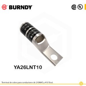 Terminal ojal Burndy YA26LNT10, cobre electrotin, conductor 2/0 AWG, orificio #10, barril estrecho con ventana