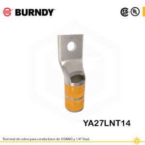 Terminal ojal Burndy YA27LNT14, cobre electro‑tin, 3/0 AWG, orificio ¼″, barril estándar estrecho con inspección