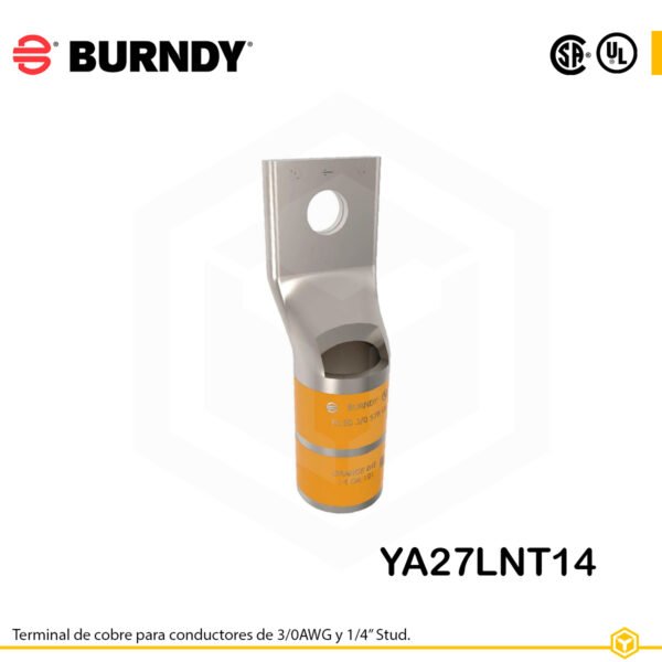 Terminal ojal Burndy YA27LNT14, cobre electro‑tin, 3/0 AWG, orificio ¼″, barril estándar estrecho con inspección
