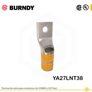 Terminal ojal Burndy YA27LNT38, cobre electro‑tin, conductor 3/0 AWG, perno 3/8″, barril estrecho con ventana de inspección