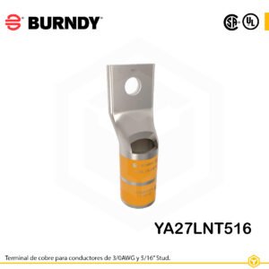 Terminal ojal Burndy YA27LNT516, cobre electro‑tin, 3/0 AWG, perno 5/16″, barril estrecho con ventana