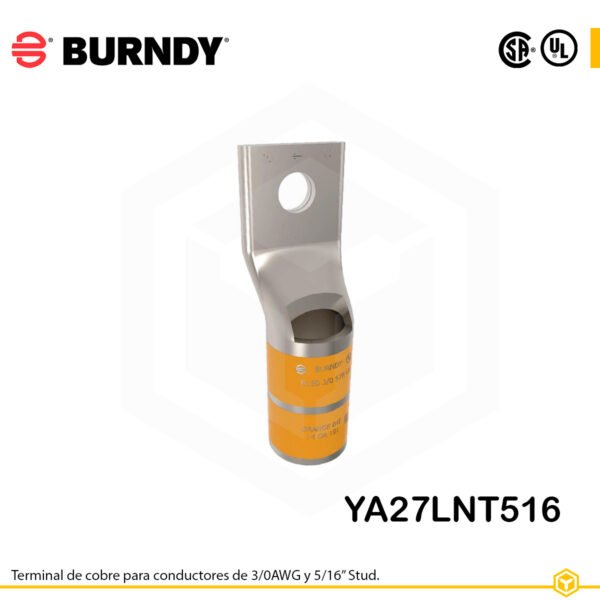 Terminal ojal Burndy YA27LNT516, cobre electro‑tin, 3/0 AWG, perno 5/16″, barril estrecho con ventana
