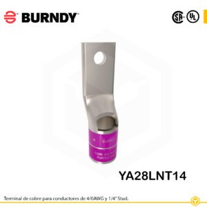Terminal ojal Burndy YA28LNT14, cobre electro‑tin, conductor 4/0 AWG, perno ¼″, barril estrecho con ventana de inspección