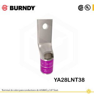 Terminal ojal Burndy YA28LNT38, cobre electro‑tin, conductor 4/0 AWG, perno 3/8″, barril estrecho con ventana de inspección (color morado, índice 15)