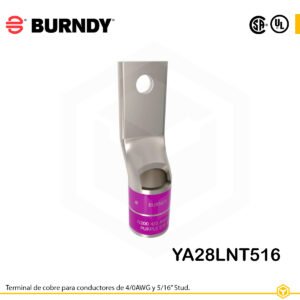 Terminal ojal Burndy YA28LNT516, cobre electro‑tin, conductor 4/0 AWG, perno 5/16″, barril estrecho con ventana