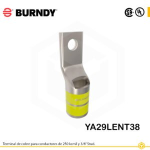 Terminal ojal Burndy YA29LENT38, cobre electro‑tin, conductor 250 kcmil CU, ojal 3/8″, barril estrecho con ventana de inspección, color amarillo