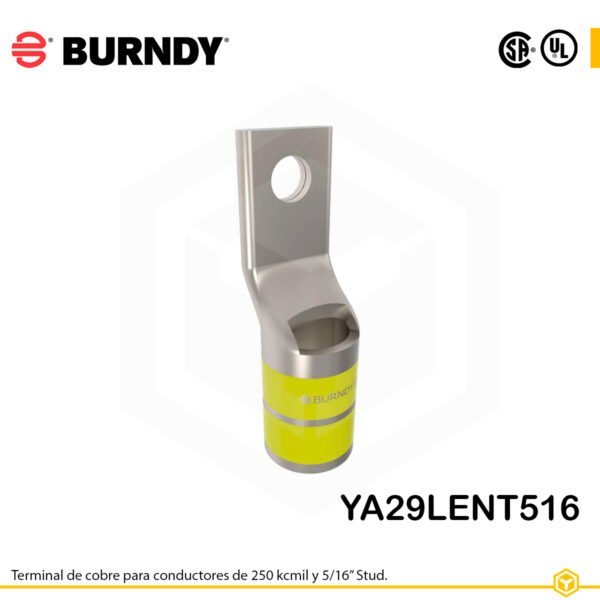 Terminal ojal Burndy YA29LENT516, cobre electro‑tin, conductor 250 kcmil, perno 5/16″, barril estrecho con ventana de inspección Terminal de compresión YA29LENT516, cobre electro‑tin, conductor 250 kcmil CU (code conductor), orificio para perno 5/16″, barril estándar estrecho (narrow tongue) con ventana de inspección, color amarillo, índice de troquel 16