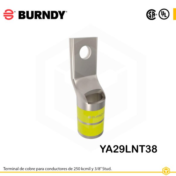 Terminal ojal Burndy YA29LNT38, cobre electro‑tin, conductor 250 kcmil CU, ojal 3/8″, barril estrecho con ventana de inspección, color amarillo