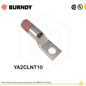 Terminal ojal Burndy YA2CLNT10, cobre electro‑tin, 2 AWG, orificio #10, barril estándar estrecho
