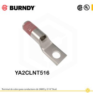 Terminal ojal Burndy YA2CLNT516, cobre electro‑tin, conductor 2 AWG, orificio 5/16″, barra estrecha con ventana de inspección