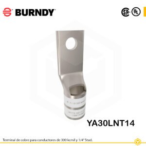 Terminal ojal Burndy YA30LNT14, cobre electro‑tin, conductor 300 kcmil, perno ¼″, barra estándar estrecha con ventana de inspección