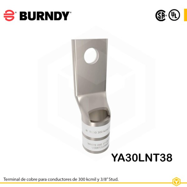 Terminal ojal Burndy YA30LNT38, cobre electro‑tin, conductor 300 kcmil, perno 3/8″, barril estrecho con ventana de inspección