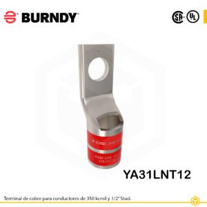 Terminal ojal Burndy YA31LNT12, cobre electro‑tin, conductor 350 kcmil, ojal ½″, barril estrecho con ventana de inspección