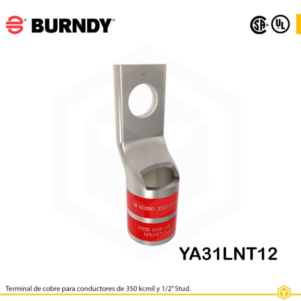 Terminal ojal Burndy YA31LNT12, cobre electro‑tin, conductor 350 kcmil, ojal ½″, barril estrecho con ventana de inspección