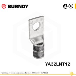 Terminal ojal Burndy YA32LNT12, cobre electro‑tin, conductor 400 kcmil, orificio ½″, barril estándar estrecho con ventana de inspección