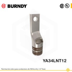 Terminal ojal Burndy YA34LNT12, cobre electro‑tin, conductor 500 kcmil, orificio ½″, barril estándar estrecho con ventana de inspección