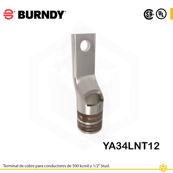 Terminal ojal Burndy YA34LNT12, cobre electro‑tin, conductor 500 kcmil, orificio ½″, barril estándar estrecho con ventana de inspección
