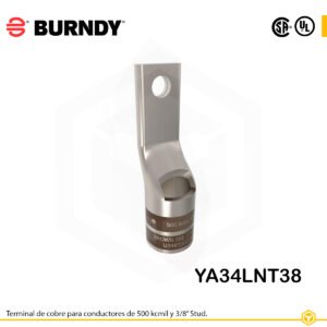 Terminal ojal Burndy YA34LNT38, cobre electro‑tin, conductor 500 kcmil, perno 3/8″, estándar estrecho con ventana de inspección
