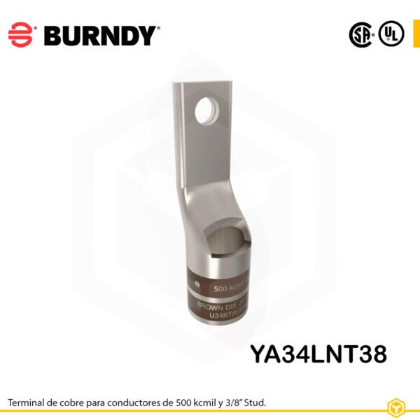 Terminal ojal Burndy YA34LNT38, cobre electro‑tin, conductor 500 kcmil, perno 3/8″, estándar estrecho con ventana de inspección