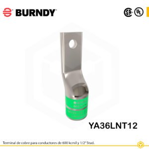 Terminal ojal Burndy YA36LNT12, cobre electro‑tin, conductor 600 kcmil, ojal ½″, barril estrecho con ventana de inspección, color verde