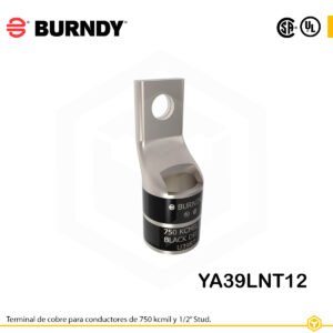 Terminal ojal Burndy YA39LNT12, cobre electro‑tin, conductor 750 kcmil, perno ½″, barril estrecho con ventana de inspección, color negro