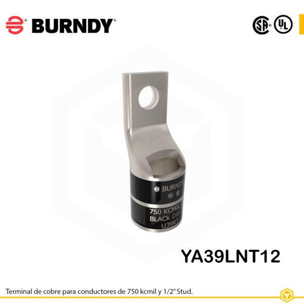 Terminal ojal Burndy YA39LNT12, cobre electro‑tin, conductor 750 kcmil, perno ½″, barril estrecho con ventana de inspección, color negro