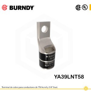 Terminal ojal Burndy YA39LNT58, cobre electro‑tin, conductor 750 kcmil CU, perno 5/8″, barril estrecho con ventana de inspección, color negro