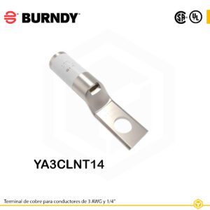 Terminal ojal Burndy YA3CLNT14, cobre electro‑tin, 3 AWG, perno ¼ in, barril estándar estrecho con ventana de inspección