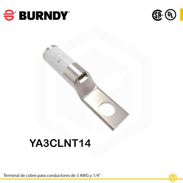 Terminal ojal Burndy YA3CLNT14, cobre electro‑tin, 3 AWG, perno ¼ in, barril estándar estrecho con ventana de inspección