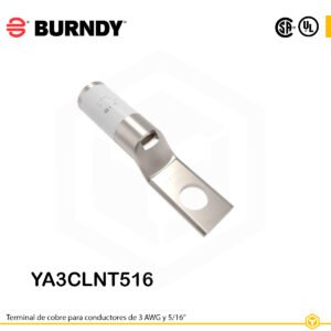 Terminal ojal Burndy YA3CLNT516, cobre electro‑tin, 3 AWG, orificio 5/16″, barril estándar estrecho