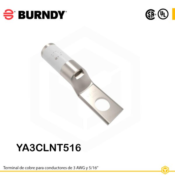 Terminal ojal Burndy YA3CLNT516, cobre electro‑tin, 3 AWG, orificio 5/16″, barril estándar estrecho