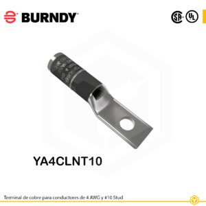 Terminal ojal Burndy YA4CLNT10, cobre electro‑tin, 4 AWG, orificio #10, barril estándar estrecho