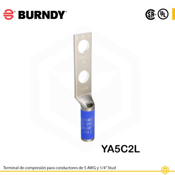 Terminal Burndy YA5C2L de cobre estañado, conductor 5 AWG tipo "code conductor", con dos orificios para perno de ¼″ separados 5/8″, barril estándar con ventana de inspección (color azul).