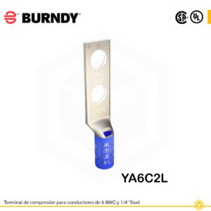 Terminal Burndy YA6C2L de cobre estañado, conductor 6 AWG, con dos orificios para perno de ¼″ espaciados 5/8″, barril estándar corto con ventana de inspección (color azul).