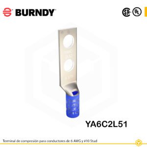 Terminal Burndy YA6C2L51 de cobre estañado, para conductor 6 AWG, dos orificios de perno #10 espaciados ½″, barril estándar con ventana de inspección (color azul).