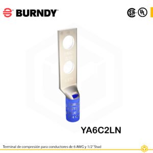 Terminal Burndy YA6C2LN de cobre estañado, para conductor 6 AWG tipo code conductor, con dos orificios de perno de ½″ espaciados 1¾″, barril estándar con ventana de inspección (color azul).