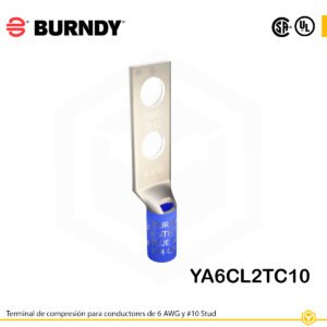 Terminal Burndy YA6CL2TC10 de cobre estañado, conductor 6 AWG, doble orificio para perno #10 separados 5/8″, barril estándar con ventana de inspección (color azul).
