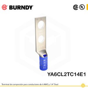 Terminal Burndy YA6CL2TC14E1 de cobre estañado, para conductor 6 AWG, con dos orificios de perno de ¼″ separados 1″, barril estándar con ventana de inspección (color azul).