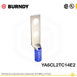 Terminal Burndy YA6CL2TC14E2 de cobre estañado, conductor 6 AWG, con 2 orificios para perno de ¼″ separados ¾″, barril estándar con ventana de inspección (color azul).