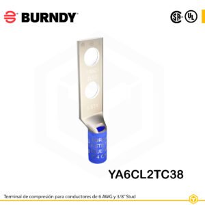 Terminal Burndy YA6CL2TC38 de cobre estañado, conductor 6 AWG tipo code conductor, con doble orificio de perno de 3/8″ separados por 1″, barril estándar con ventana de inspección (color azul).