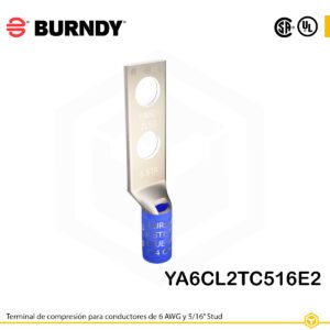 Terminal Burndy YA6CL2TC516E2, cobre estañado, conductores 6 AWG, dos orificios de perno de 5/16″ separados ¾″, barril estándar con ventana de inspección (color azul).