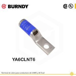 Terminal ojal Burndy YA6CLNT6, cobre electro‑tin, 6 AWG, orificio #6, barril estándar estrecho