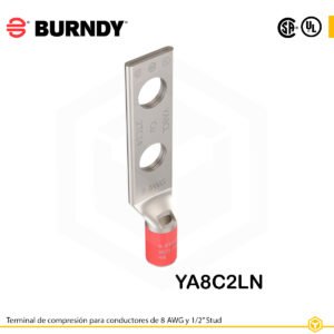 Terminal Burndy YA8C2LN de cobre estañado, para conductor 8 AWG, con dos orificios de perno de ½″ espaciados 1¾″, barril estándar con ventana de inspección (color rojo).