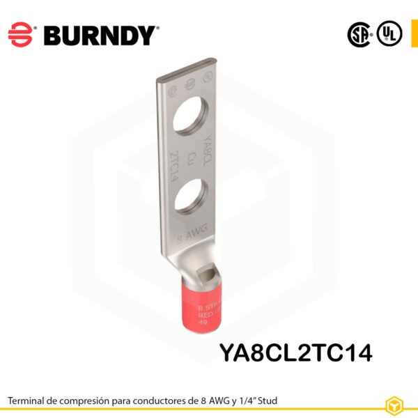 Terminal Burndy YA8CL2TC14 de cobre estañado, para cable 8 AWG, con dos orificios de perno de ¼″ espaciados 5/8″, barril estándar corto con ventana de inspección (color rojo).