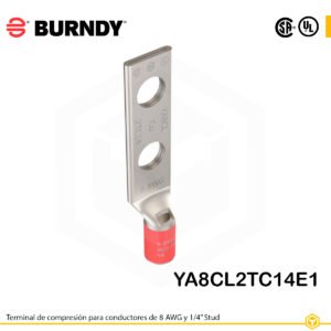 Terminal Burndy YA8CL2TC14E1, cobre estañado, conductor 8 AWG, dos orificios de perno de ¼″ espaciados 1″, barril estándar con ventana de inspección (color rojo).