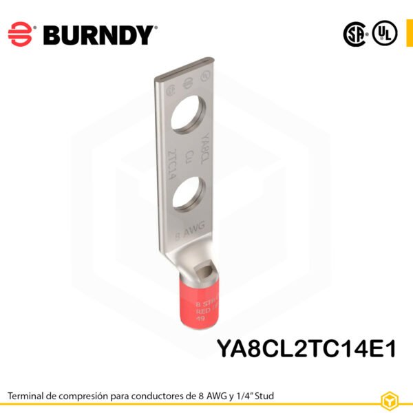 Terminal Burndy YA8CL2TC14E1, cobre estañado, conductor 8 AWG, dos orificios de perno de ¼″ espaciados 1″, barril estándar con ventana de inspección (color rojo).