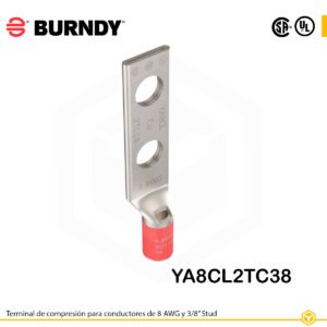 Terminal de compresión Burndy YA8CL2TC38, cobre estañado, conductor 8 AWG, dos orificios de perno de 3/8″ separados por 1″, barril estándar con ventana de inspección (color rojo).