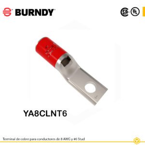 Terminal ojal Burndy YA8CLNT6, cobre electro‑tin, 8 AWG, orificio #6, barril estándar estrecho